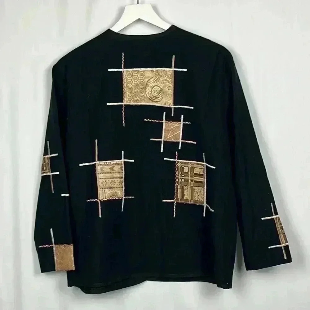 Alex Kim Womens Top Missy Black Gold M Tic Tac Toe Pattern Wooden Buttons Boxy - Picture 6 of 9